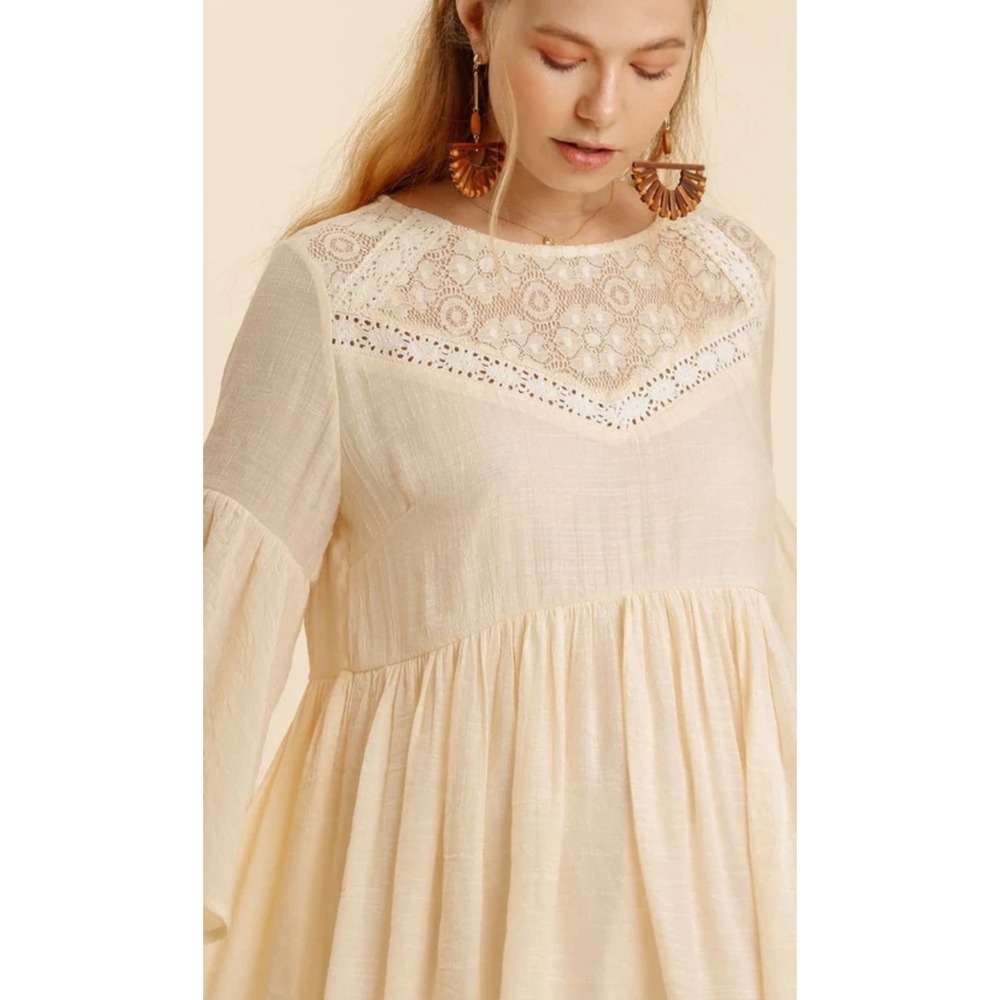 Adiva Cream Lace Swiss Dot Boho Babydoll Blouse XL Ivory Bell Sleeve Peasant Top